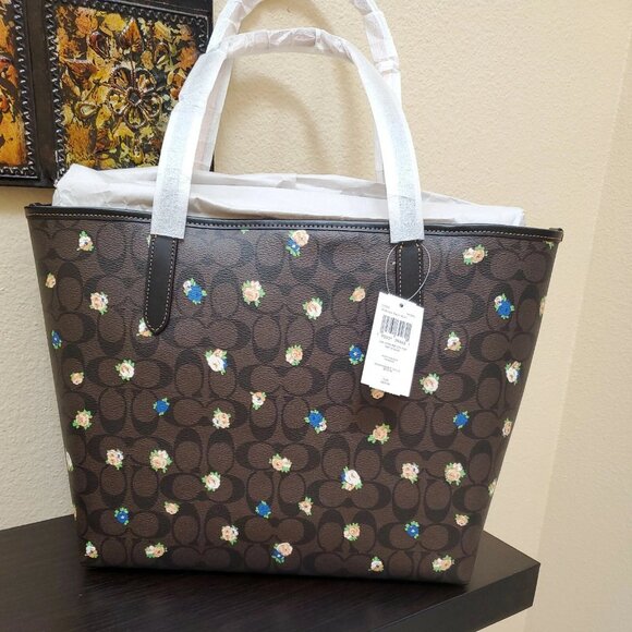 NWT COACH City Tote Brown Classic C With Vintage Mini Rose Pattern - Picture 7 of 9